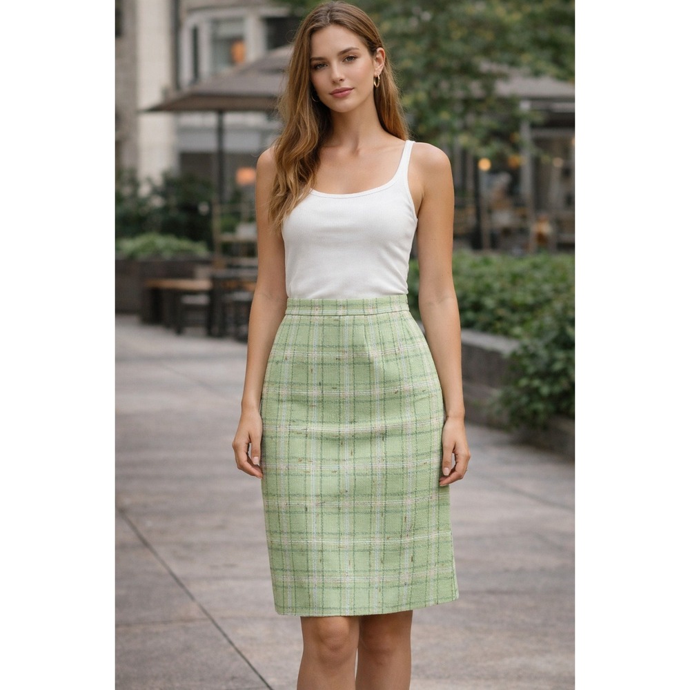 Vintage Green Tweed Pencil Skirt Womens Knee Length Plaid Classic Preppy‎ 8